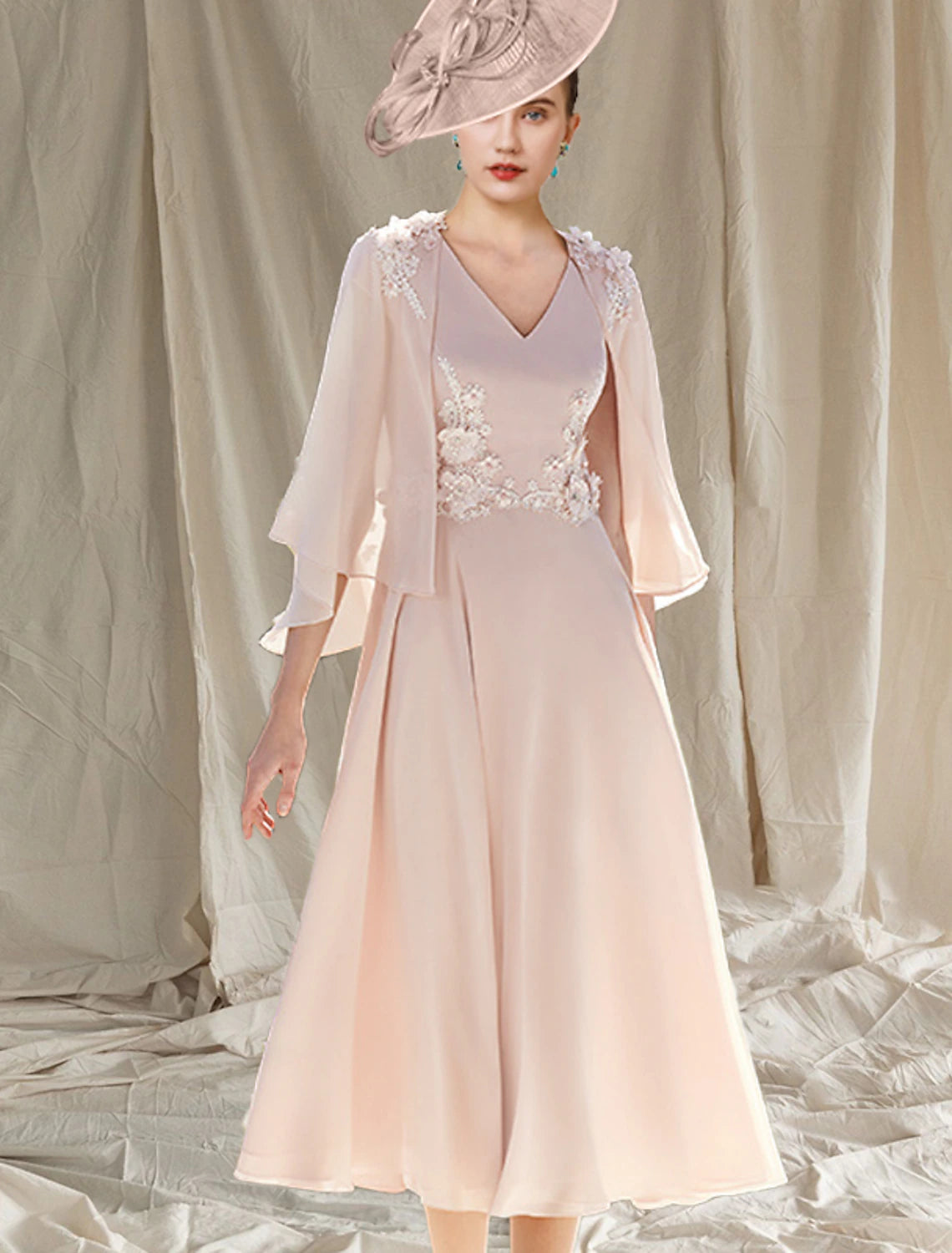 Wholesale Two Piece A-Line Mother of the Bride Dress Wedding Guest Church Elegant V Neck Tea Length Chiffon Sleeveless Wrap Included with Appliques
